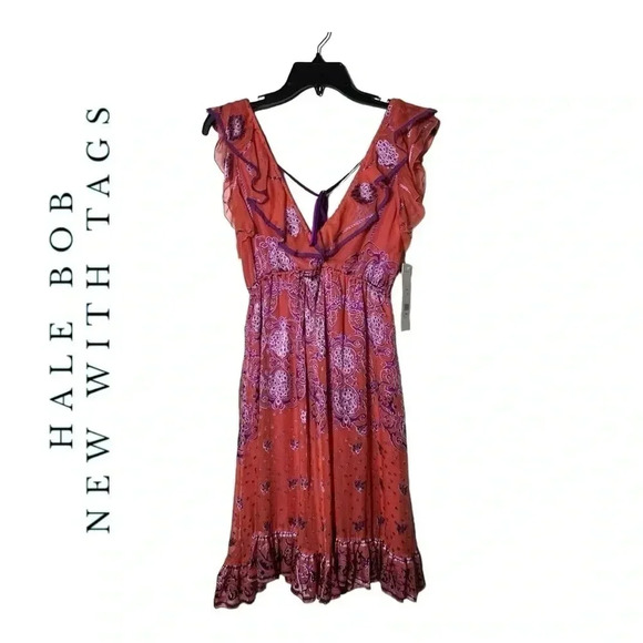 1850. HALE BOB BOHEMIAN MINI DRESS SIZE SMALL ORANGE‎ WITH PURPLE VELVET DESIGN - Picture 1 of 12